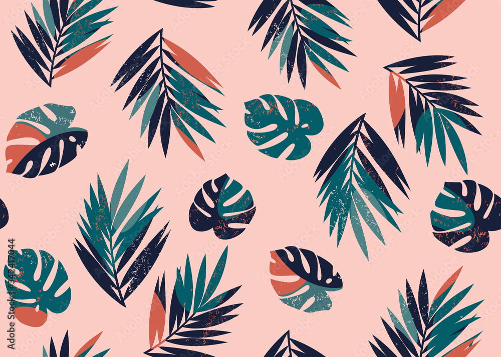 Plakat Vector seamless tropical pattern with monstera and palm leaves on a light pink background
