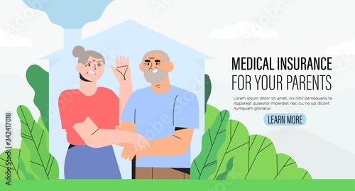 Senior Citizen Health Insurance plan or medical insurance policy, medical coverage offer for parents grandparents banner, flyer, landing page. Happy elderly couple, standing embraced holding hands.