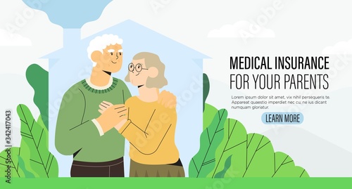 Senior Citizen Health Insurance plan or medical insurance policy, medical coverage offer for parents grandparents banner, flyer, landing page. Happy elderly couple, standing embraced holding hands.