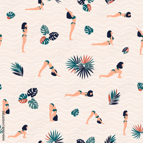 Seamless vector pattern with a woman in various poses from Surya Namaskar asana and tropical leaves