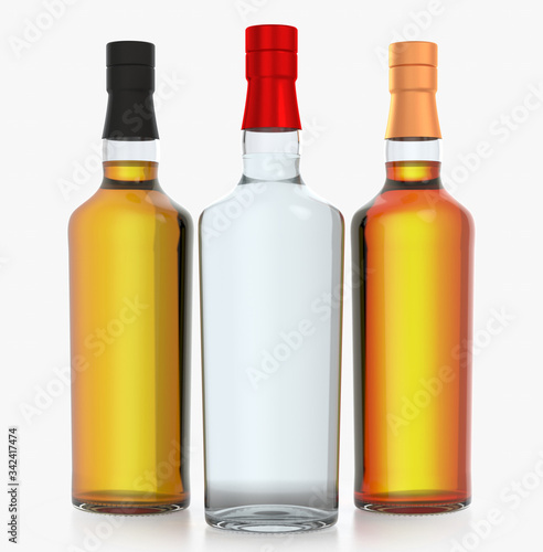 Glass bottle isolated with reflections. 3d illustration