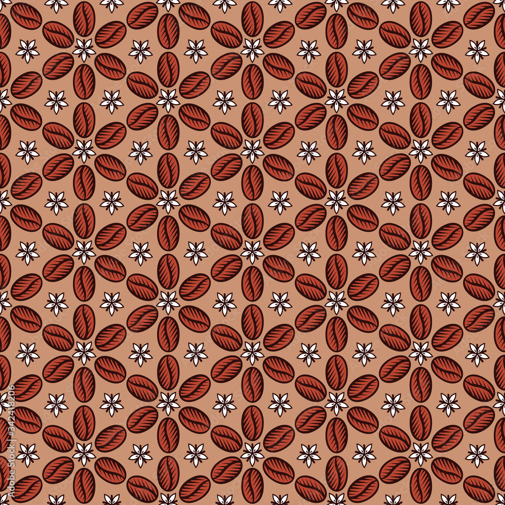 Seamless pattern with coffee beans, coffee leaves and coffee blossoms Seamless pattern with coffee beans, coffee leaves and coffee blossoms