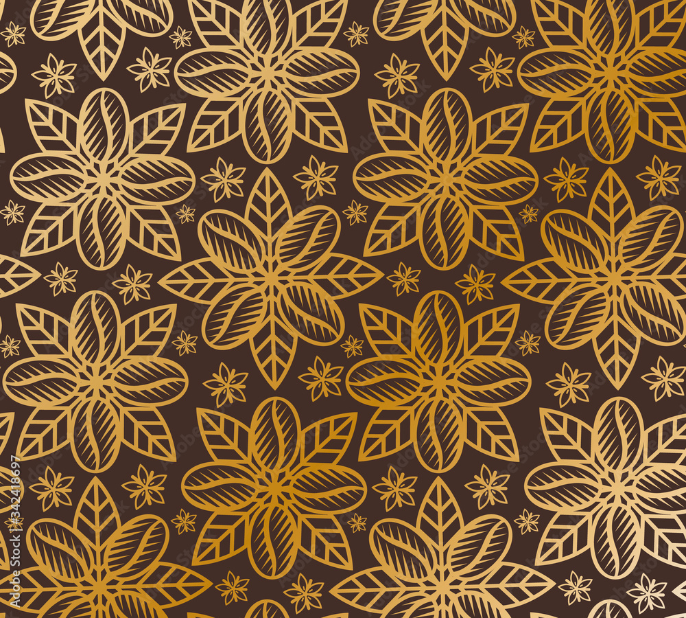 Seamless pattern with coffee beans, coffee leaves and coffee blossoms