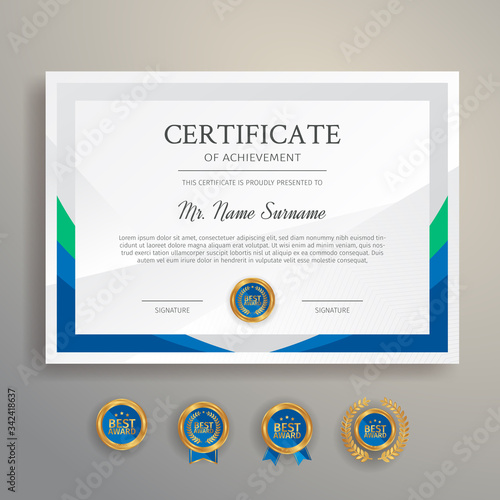 Modern blue certificate template and border, for award, diploma, and printing