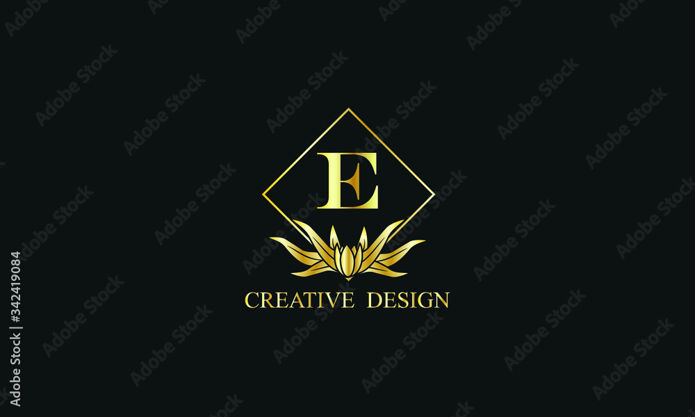 Elegant design of royal vector logo with letter E on black background. Stylish golden floral monogram for business, restaurant, boutique, cafe, hotel, labels and more. Elegant design of royal vector logo with letter E on black background. Stylish golden floral monogram for business, restaurant, boutique, cafe, hotel, labels and more.