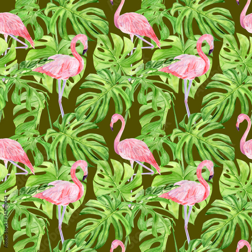 Watercolor illustration seamless pattern of tropical leaves and pink flamingo. Perfect as background texture  wrapping paper  textile or wallpaper design. Hand drawn
