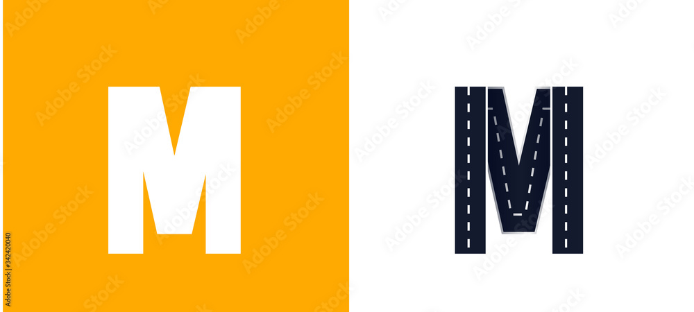 Letter M. Road font. Typography vector design with street lines. On white and yellow background Letter M. Road font. Typography vector design with street lines. On white and yellow background