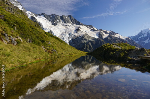MOUNT COOK NATIONAL PARK, NEW ZEALAND - MARCH 12, 2020: Sealy Tarns lake and mountain reflecting in its water © emil