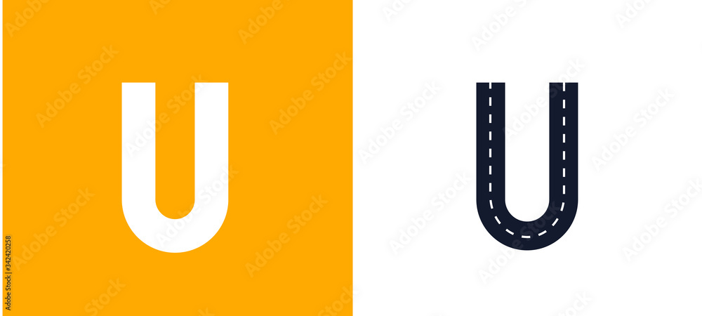 Letter U. Road font. Typography vector design with street lines. On white and yellow background Letter U. Road font. Typography vector design with street lines. On white and yellow background