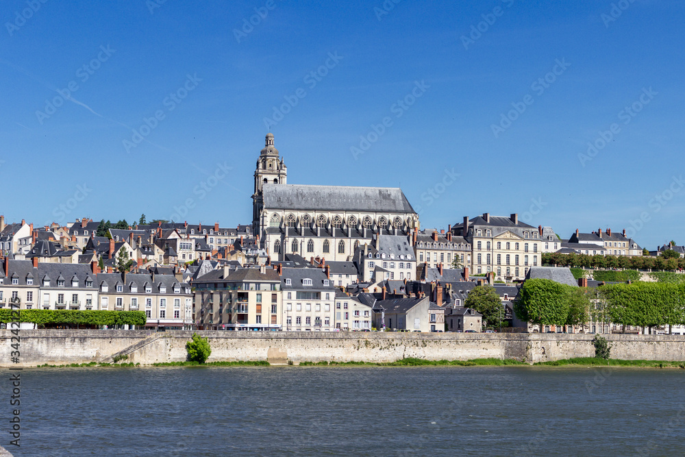 Saint Louis Cathedral and the bridge of Blois in Loire valley (France)