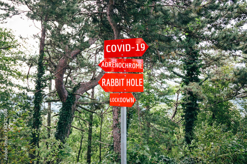 Covid-19, Adrenochrome, Rabbit Hole, Lockdown road warning red signs. Social media campaign for coronavirus plus fake news and total disorientation in society. Conspiracy theories concept photo