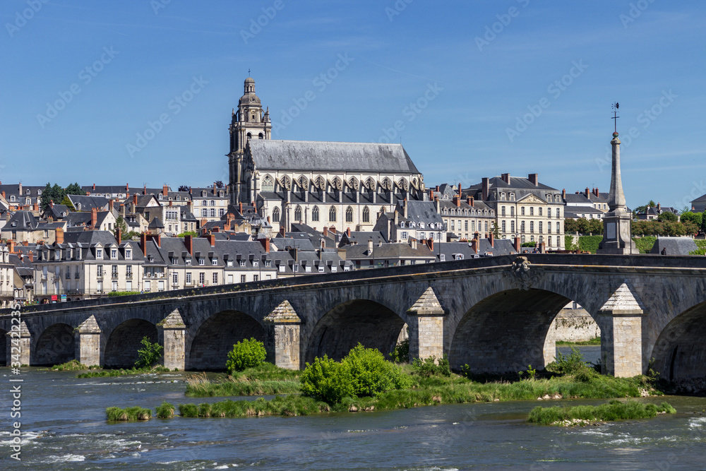 Saint Louis Cathedral and the bridge of Blois in Loire valley (France)