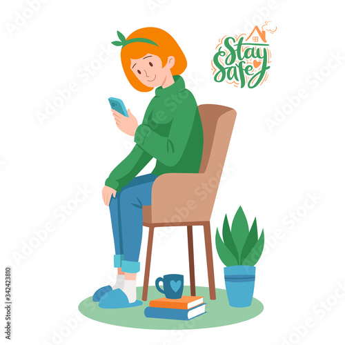 Introvert redhead girl in green sweater sitting in armchair and looking at smartphone. Isolated cartoon flat vector illustration. Self isolation, coronavirus quarantine poster design with lettering.