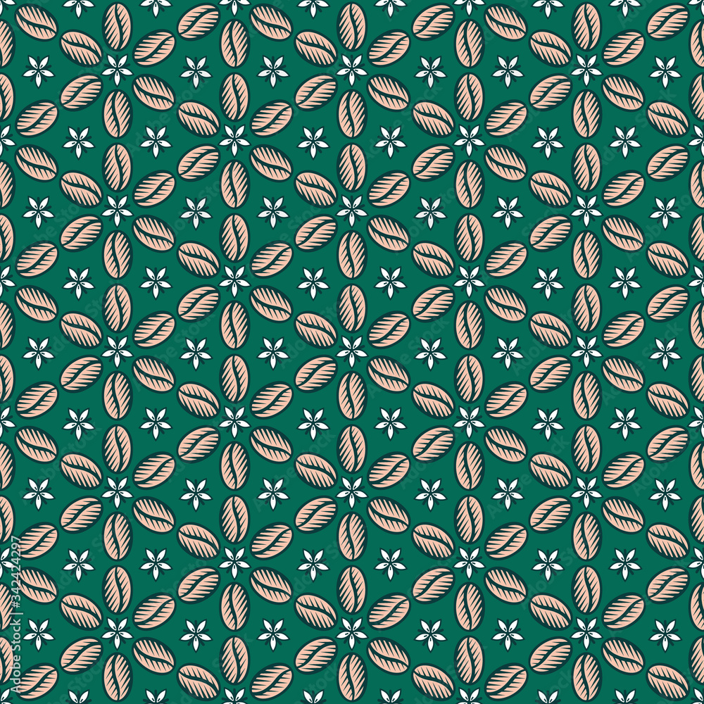 Seamless pattern with coffee beans, coffee leaves and coffee blossoms Seamless pattern with coffee beans, coffee leaves and coffee blossoms