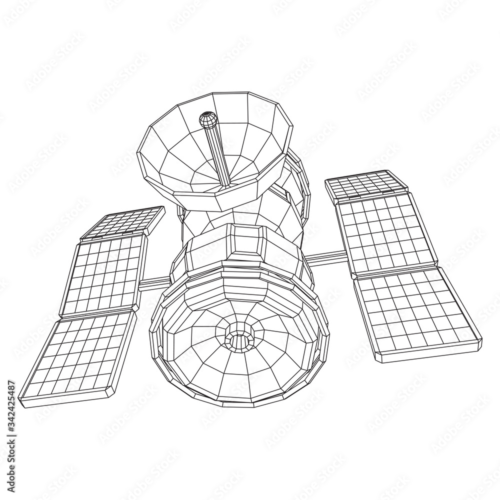 Space station communications satellite. Wireframe low poly mesh vector illustration.