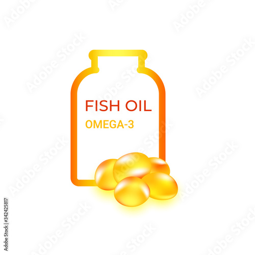 Fish oil capsules and  bottle isolated on white  background. Vitamin omega 3 pills template. Shining golden essence droplet. Gold bubbles with collagen. Treatment nutrition skin care vector design.