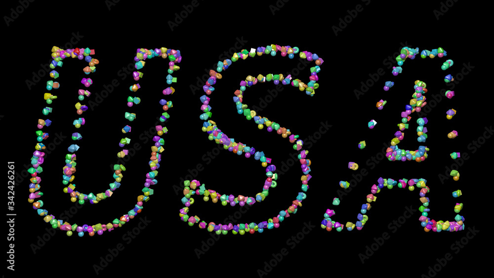 Colorful 3D writting of Usa text with small objects over a dark background and matching shadow Colorful 3D writting of Usa text with small objects over a dark background and matching shadow