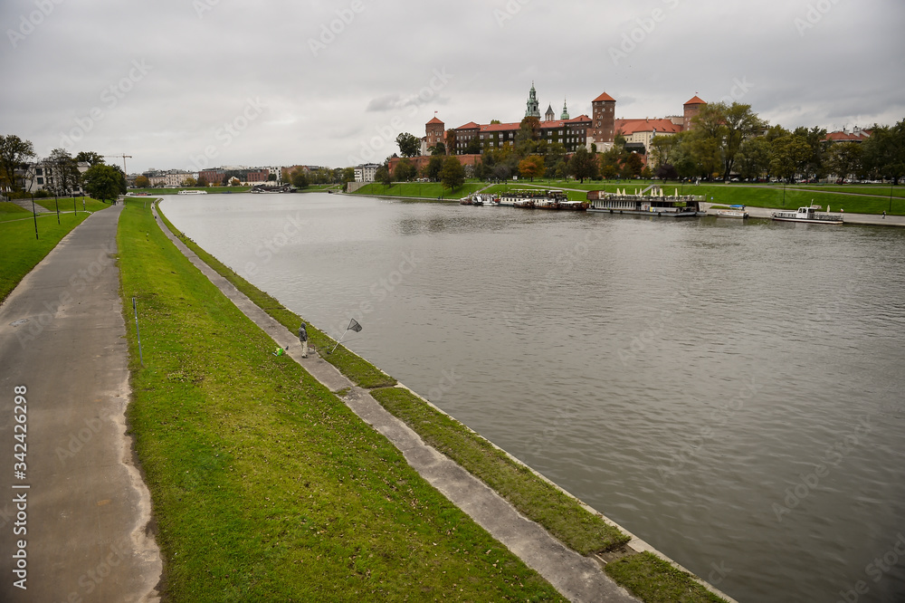 Daily life scene on the shore of Vistula river in Krakow, Poland