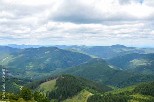 Beautiful mountains landscape was taken high in the Carpathian Mountains. Cloudy sky fresh green meadows and pine forest convey the atmosphere of the Carpathians.