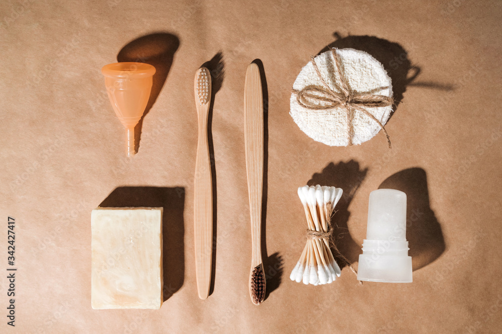 Φωτογραφία Zero waste bathroom accessories, natural eco bamboo toothbrushes, coconut soap, konjac sponge, clay mask, menstrual cup, reusable cotton sponges and bamboo ear sticks
