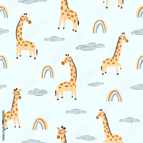 Giraffe and rainbows in clouds vector seamless pattern. Cute pattern for kids on blue background. Creative for wrapping paper, fabric, textile, wallpaper, home decor