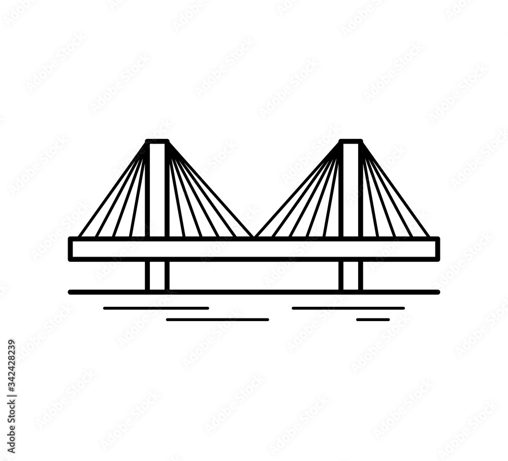 Cable-stayed bridge line icon isolated on white background. Urban architecture. Vector illustration.