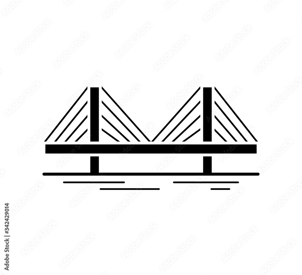 Cable-stayed bridge black silhouette icon isolated on white background. Urban architecture. Vector illustration.