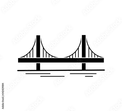 Suspension bridge black silhouette icon isolated on white background. Urban architecture. Vector illustration.