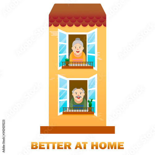 An elderly man and woman.Home is better.Open Windows of high-rise buildings.People in the window.Grandma and grandpa are at home.Vector illustration