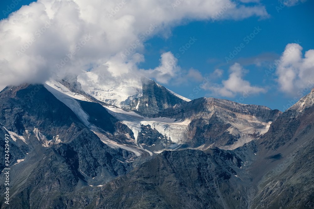 mountain landscape in the mountains of switzerland on a summer day snowy peaks