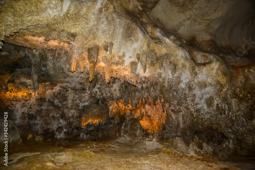 Calcite inlets, stalactites and stalagmites in large underground halls in Carlsbad Caverns National Park, New Mexico. USA