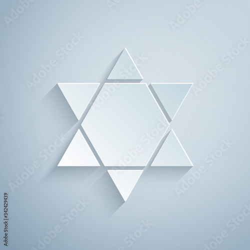 Paper cut Star of David icon isolated on grey background. Jewish religion symbol. Symbol of Israel. Paper art style. Vector Illustration