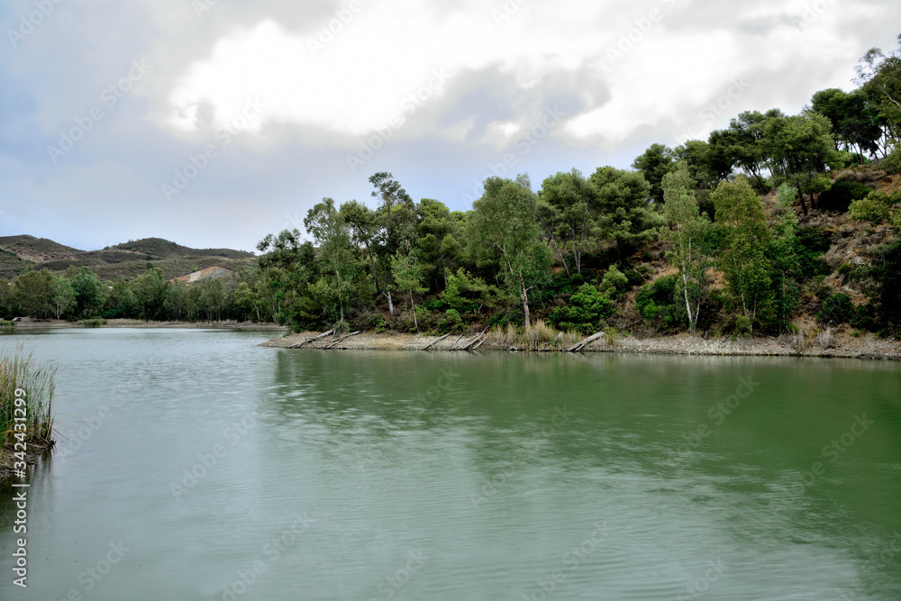 lago con bosque de pinos y cielo con nubes Marbella Andalucía España lago con bosque de pinos y cielo con nubes Marbella Andalucía España