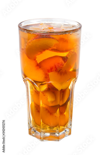  Peach iced tea in a glass summer soft drink isolated on white background 