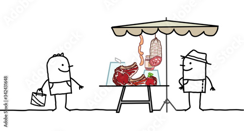 Cartoon producer selling organic meat on a market store
