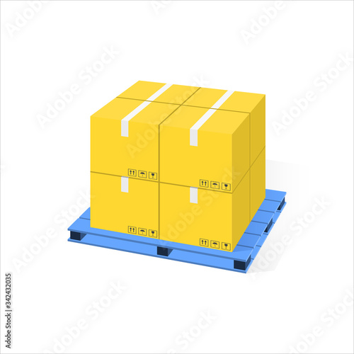 Boxes on wooden pallet isolated. 3d perspective vector illustration