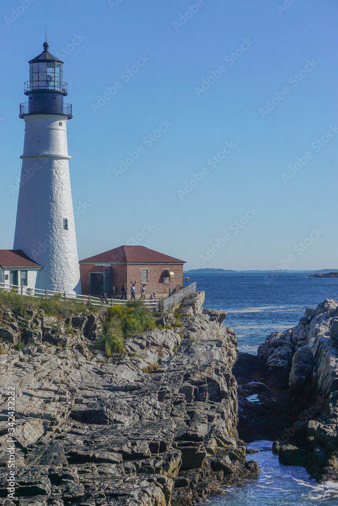 Cape Elizabeth, Maine, USA: Tourists visit the Portland Head Light, 1791, the oldest lighthouse in Maine.