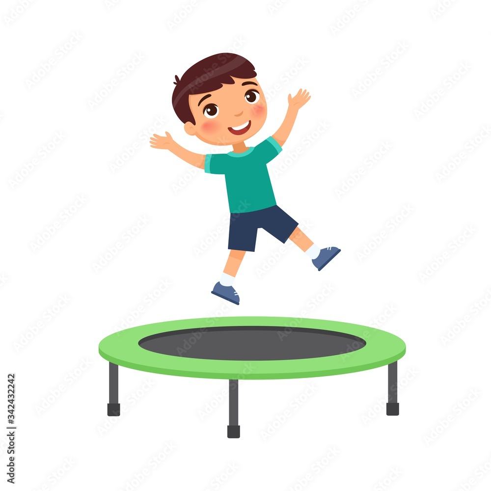 Little boy jumping on trampoline flat vector illustration. Happy sportive child having fun, playing. Preteen cheerful child enjoying game, childhood activity. Isolated cartoon character on white