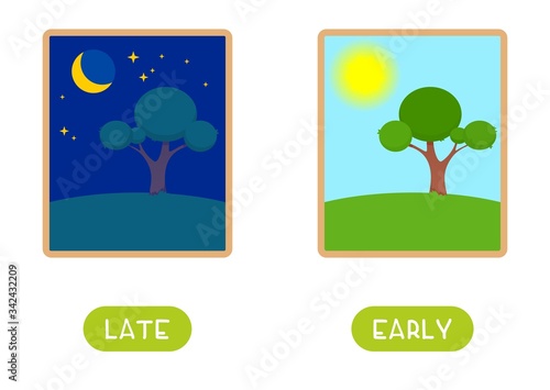 Late and early antonyms word card flat vector template. Flashcard for english language learning. Opposites concept. Night and morning nature landscape cartoon illustration with typography