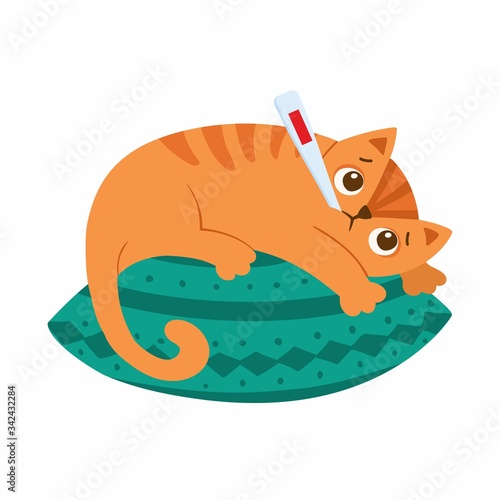 Sick cat with thermometer lies on the pillow flat vector illustration. Kitten with high temperature cartoon character. Fever, influenza symptom. Pet with cold isolated on white