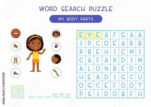 My body parts word search puzzle flat vector design. Anatomy learning game for kids template, cartoon worksheet idea. Childish printable crossword with human external organs names layout