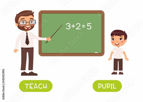 Teaching and learning illustration with typography. Pupil and teacher antonyms flashcard vector template. Word card for english language learning with flat characters. Opposites concept.