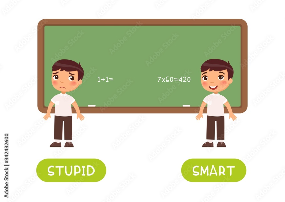 Antonyms concept, STIUPID and SMART. Educational flash card with a sad and happy boy template. Solved and unresolved chalkboard example. Word card for english language learning with opposites. Antonyms concept, STIUPID and SMART. Educational flash card with a sad and happy boy template. Solved and unresolved chalkboard example. Word card for english language learning with opposites.