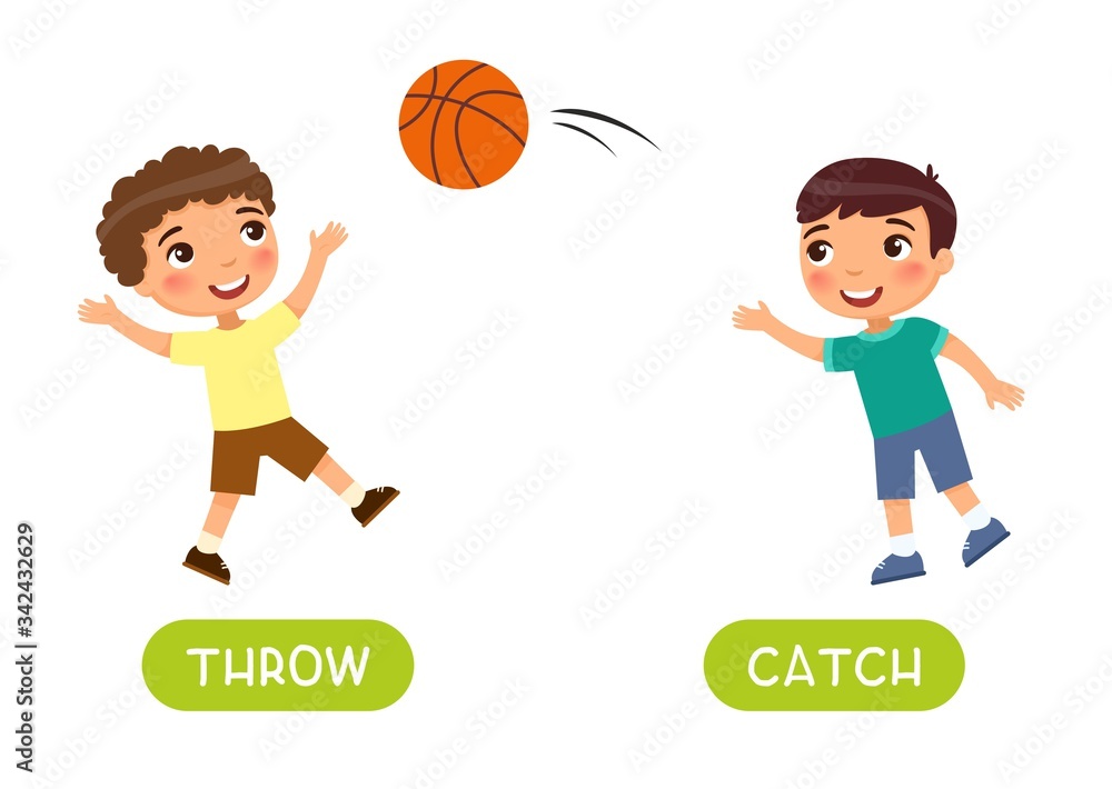Antonyms concept, THROW and CATCH. Educational flash card with boys playing basketball template. Cute kids have fun. Word card for english language learning with opposites. Flat vector illustration Antonyms concept, THROW and CATCH. Educational flash card with boys playing basketball template. Cute kids have fun. Word card for english language learning with opposites. Flat vector illustration