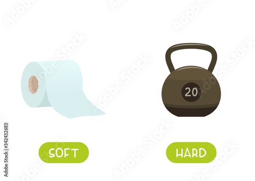 Antonyms concept, SOFT and HARD. Educational flash card with kettlebell and toilet paper template.  Word card for english language learning with opposites. Flat vector illustration with typography