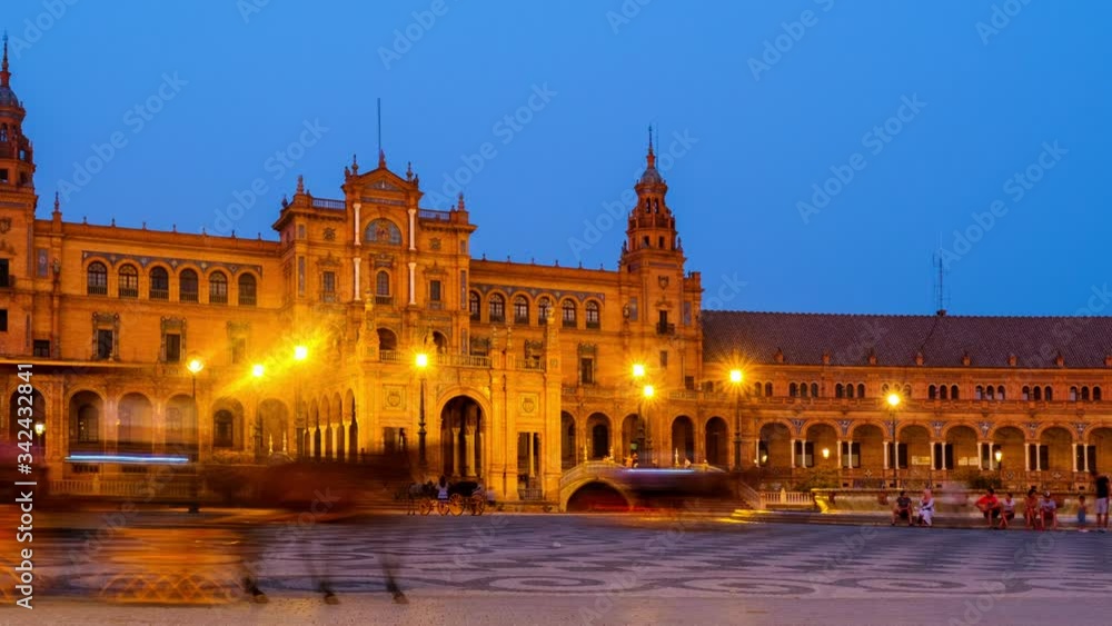 Seville, Spain. View of Spanish Square one of the best examples for Spanish architecture in Seville, Spain. Time-lapse at night with illumination, panning video Seville, Spain. View of Spanish Square one of the best examples for Spanish architecture in Seville, Spain. Time-lapse at night with illumination, panning video
