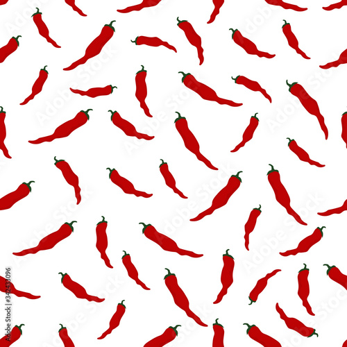Hot red chili peppers seamless pattern. Vector stock illustration on white background. Trendy flat illustration style. Great for textiles, paper and other surfaces.