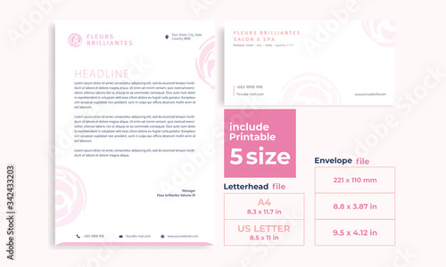 Beauty pink letterhead,Envelope minimalist wild poppy size DL, A4 and US Letter design template