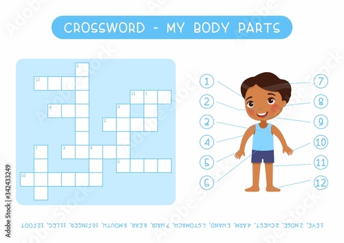 My body parts crossword flat vector template. Learning human anatomy kids puzzle, cute worksheet, educational game with little boy cartoon character. English cross word with external organs names