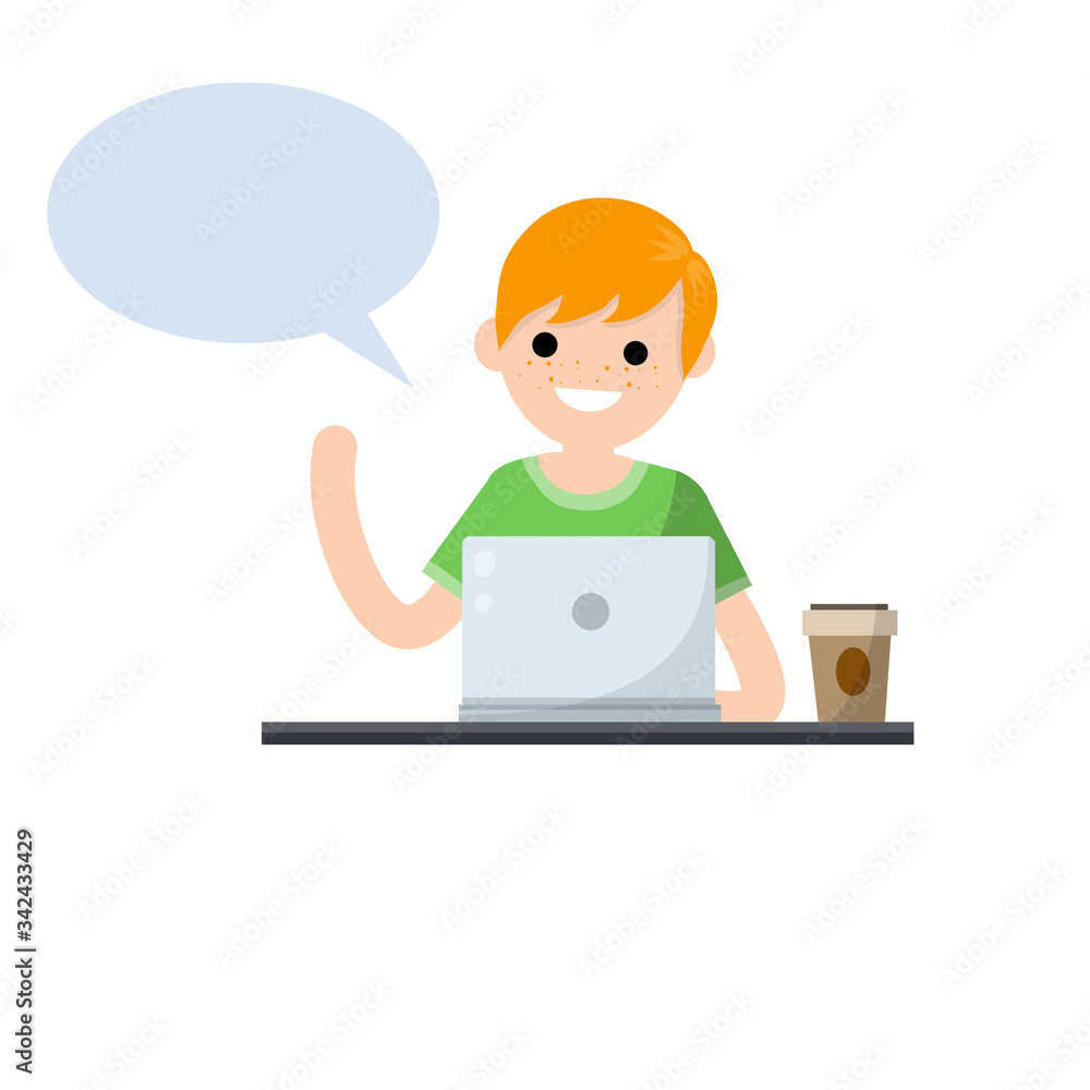 Man with laptop. Smiling happy guy talking. Study and education. Bubble dialogue and advice. Cartoon flat illustration. Student at school. Work at computer and speech Man with laptop. Smiling happy guy talking. Study and education. Bubble dialogue and advice. Cartoon flat illustration. Student at school. Work at computer and speech